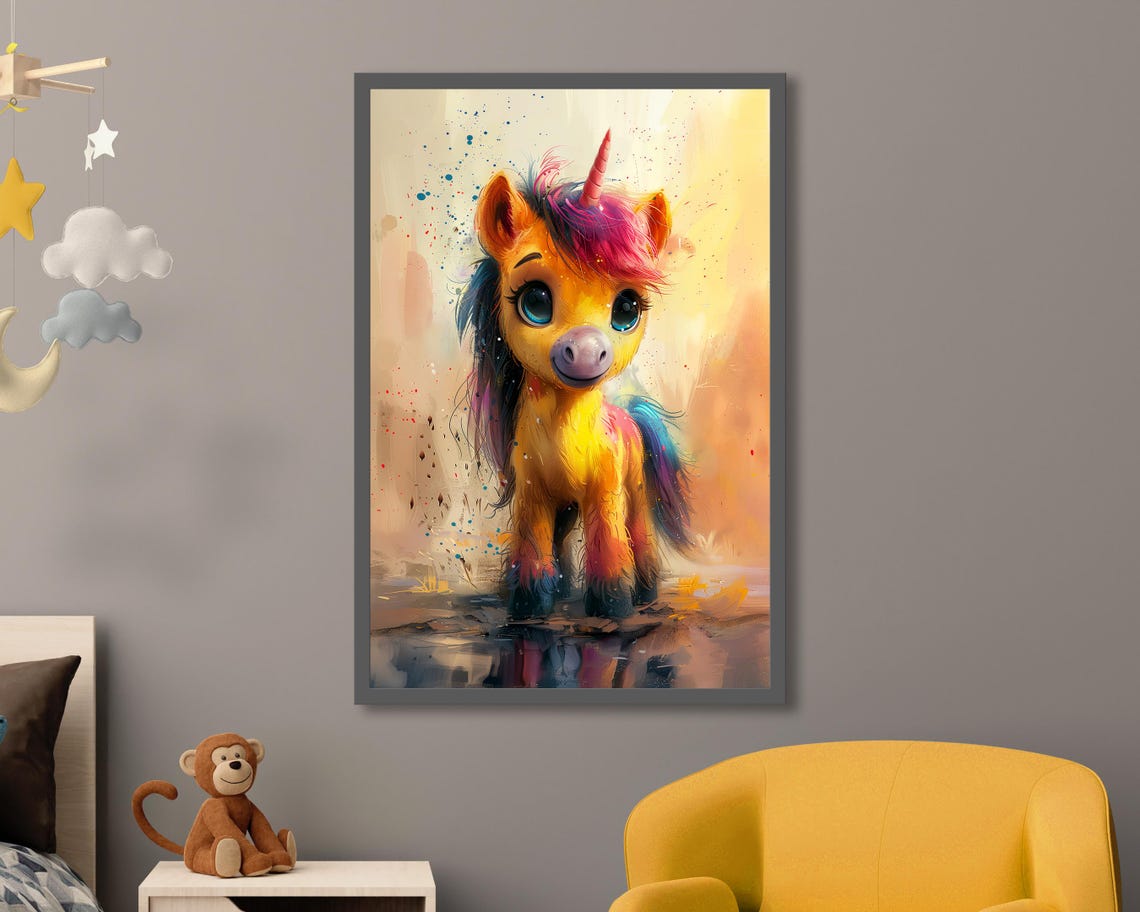 Baby Unicorn Rainbow Mane Sparkle Magical Kids Nursery Wall Art