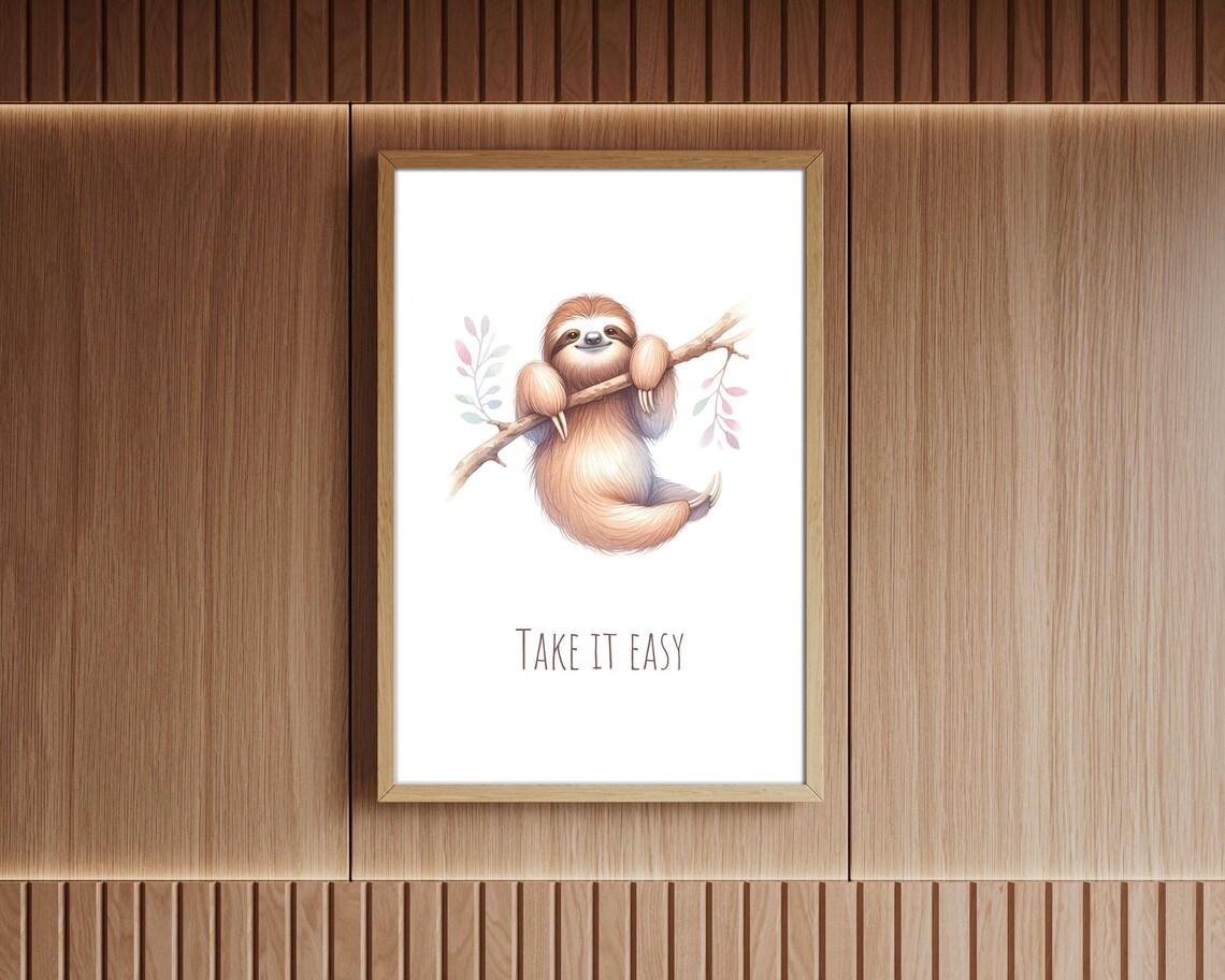 Take It Easy Smiling Sloth Branch Pastel Watercolor Calm Nursery Poster - Image 3