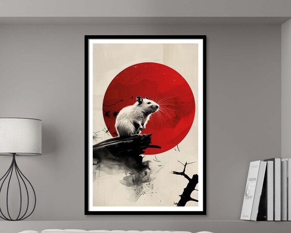 White Rat Rising Red Sun Ink Wash Japanese Style Minimalist Art Poster