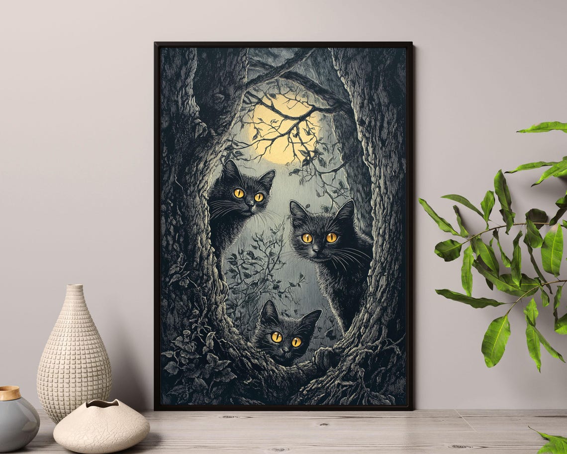 Three Black Cats With Glowing Eyes Moonlit Forest Art Poster - Image 3