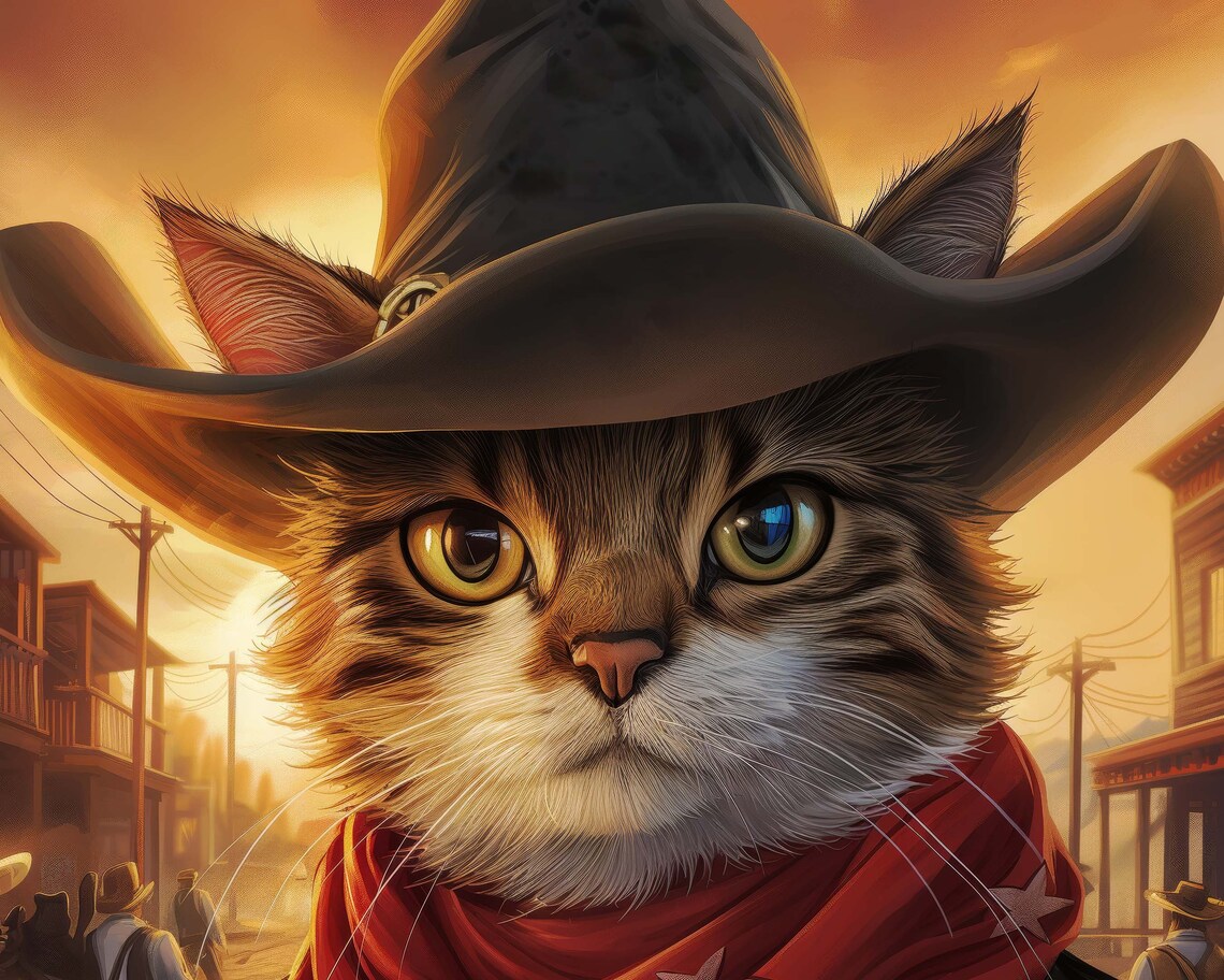 Cowboy Cat In Wild West Town Sunset Western Hat Bandana Funny Cat Poster - Image 3