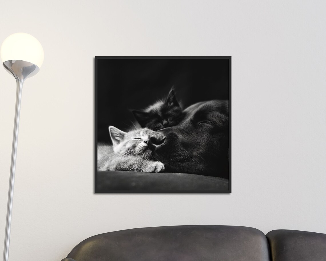 Cozy Black And White Dog Cuddling Sleeping Kittens Tender Pet Photo Poster - Image 5