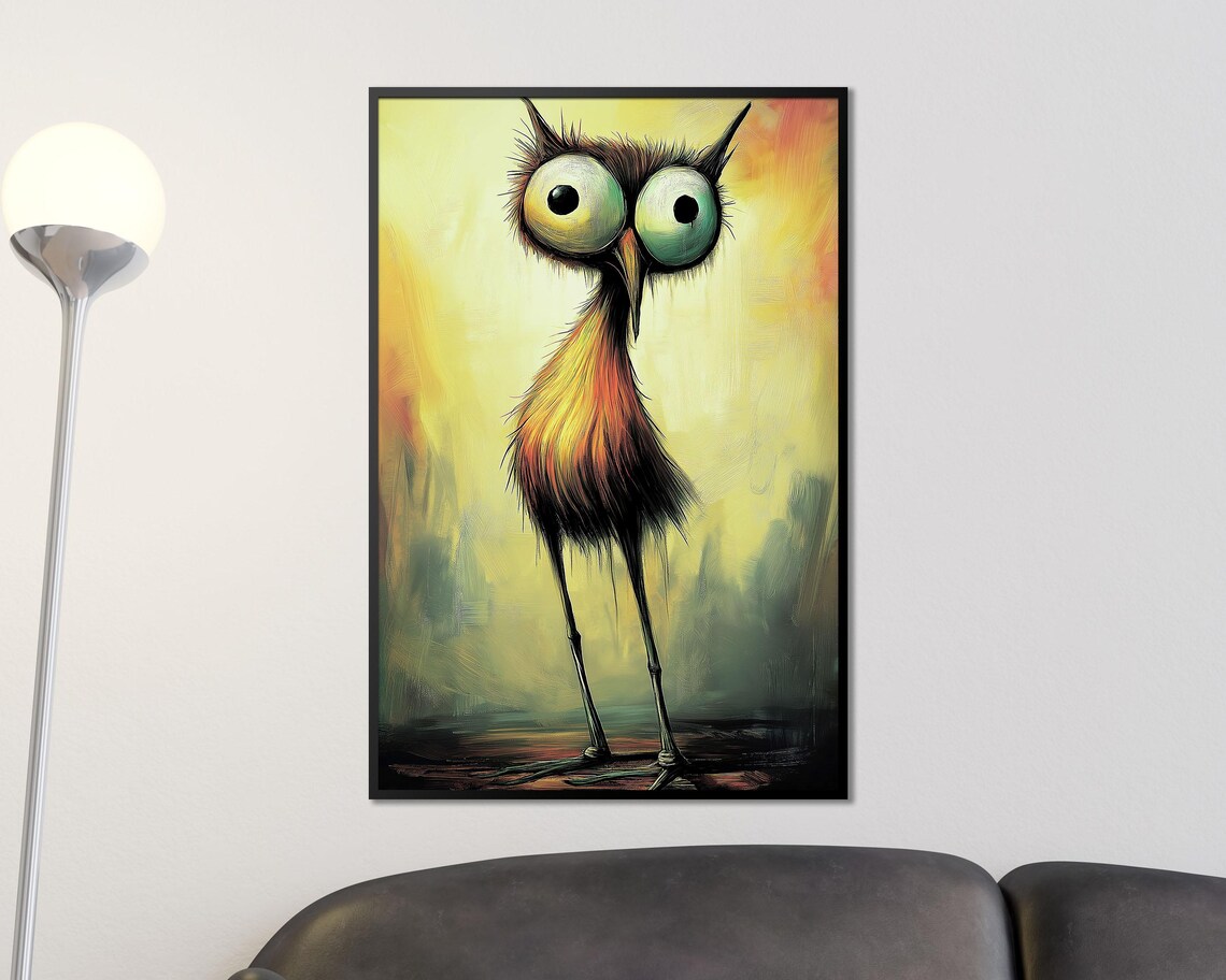 Quirky Big Eyed Bird Whimsical Yellow Painting Funny Animal Poster - Image 4