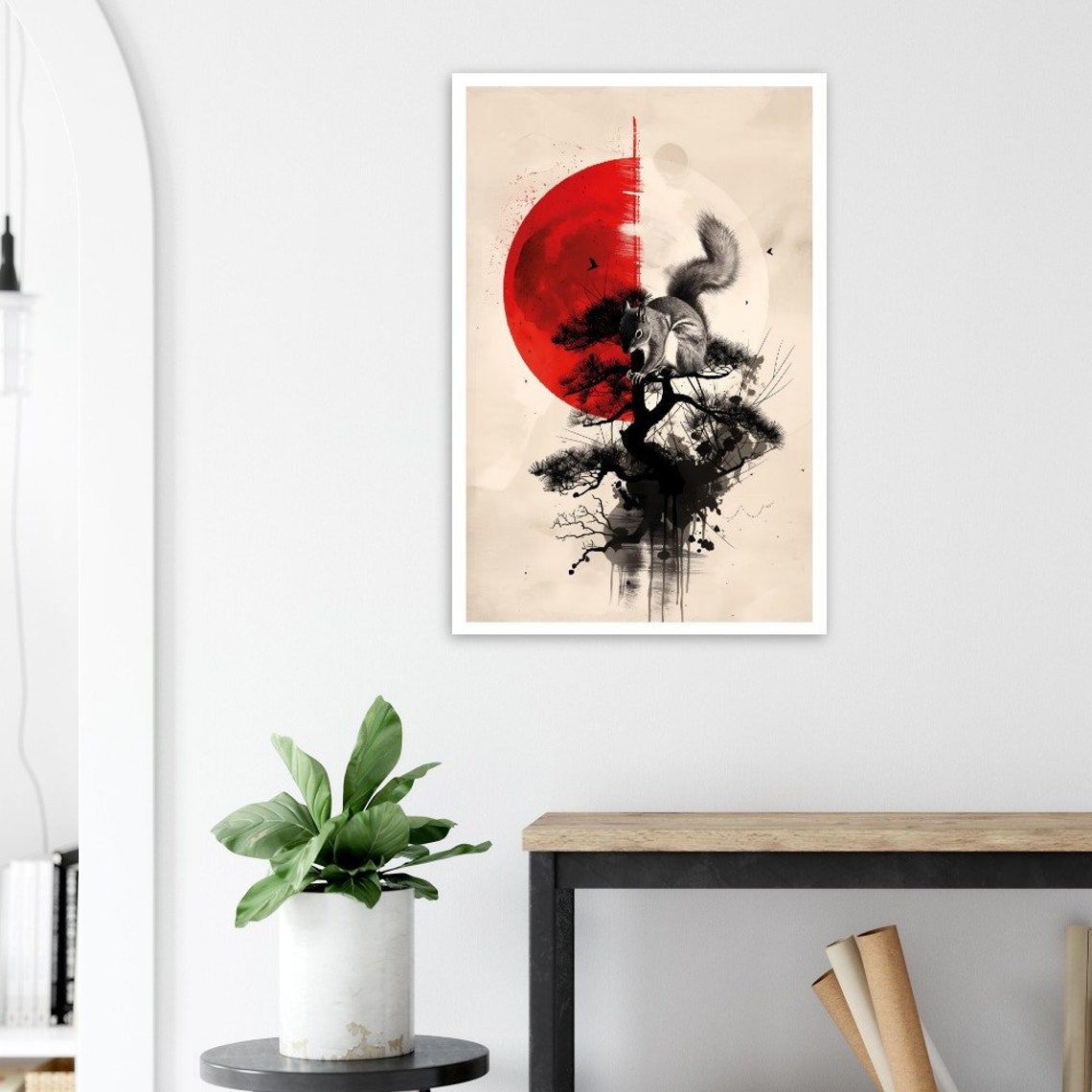 Squirrel Red Sun Pine Tree Ink Wash Japanese Style Wildlife Art Poster - Image 3