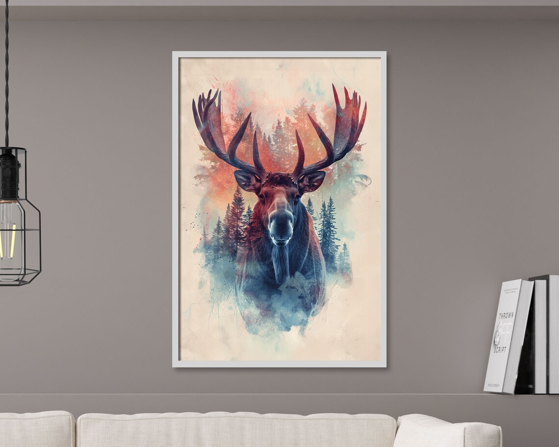 Majestic Moose Forest Watercolor Double Exposure Rustic Wildlife Art Poster
