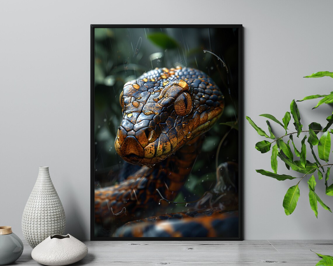Rainy Snake Head Close Up Dramatic Wild Reptile Jungle Photography Poster - Image 5