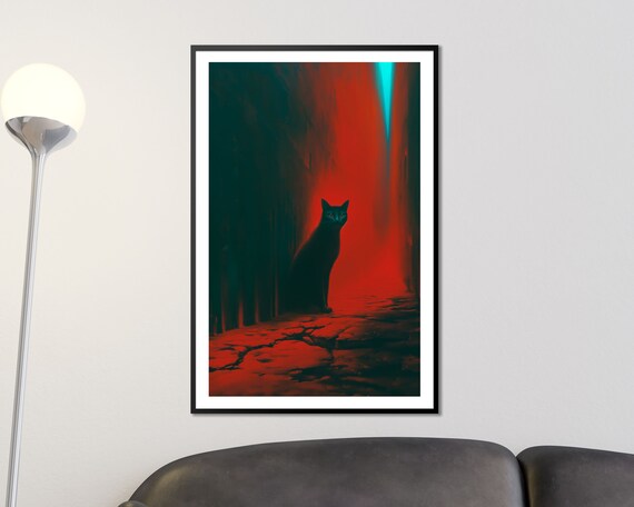 Black Cat In Red Lit Alley Surreal Mystery Cat Lover Art Poster