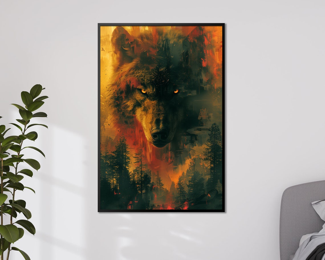 Fiery Wolf Head Emerging From Forest Wild Spirit Animal Art Poster - Image 4