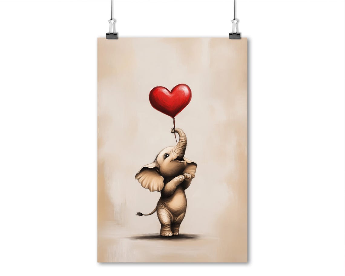 Cute Baby Elephant Holding Red Heart Balloon Nursery Wall Art - Image 7