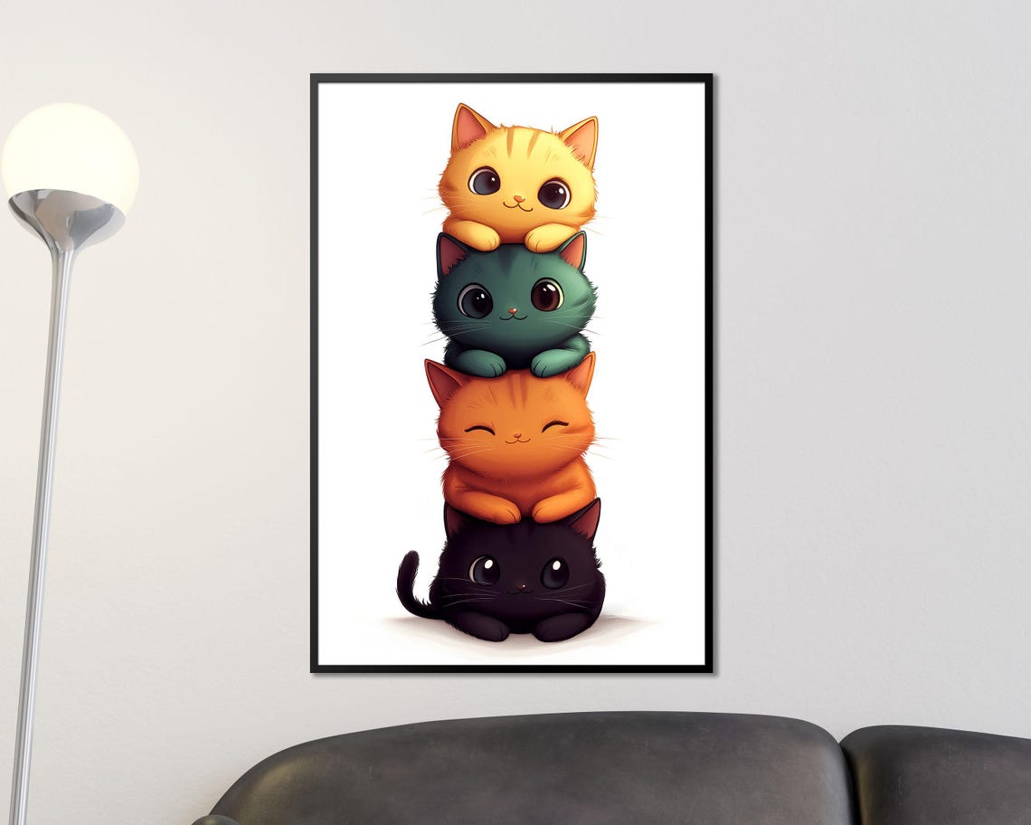 Adorable Stacked Cats Tower Four Cute Kittens Nursery Wall Art - Image 4