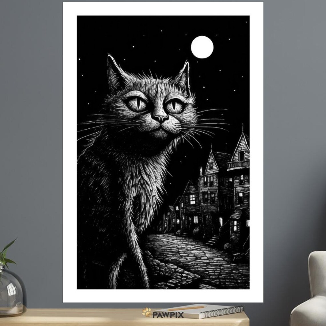 Chat Noir 8 Black Cat Full Moon Old Town Night Scene Gothic Art Poster - Image 4