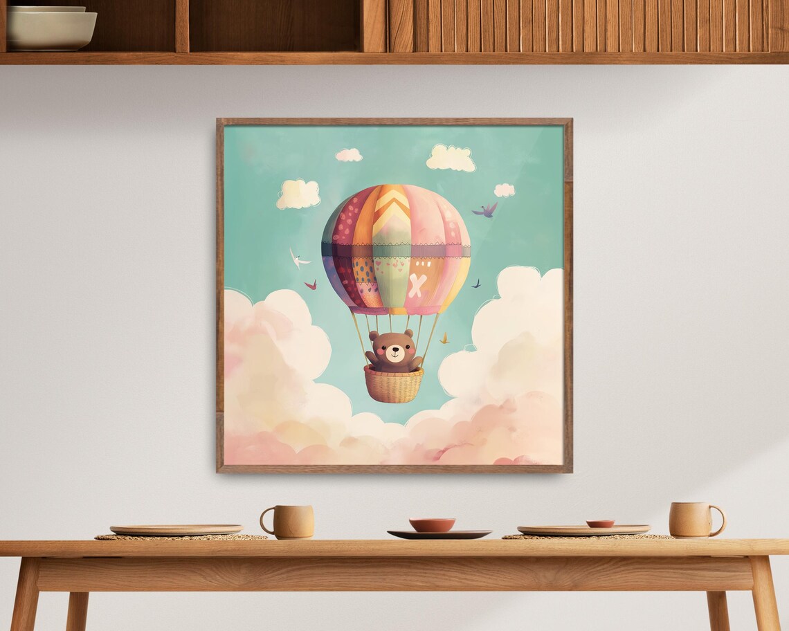 Cute Bear Cub In Hot Air Balloon Pastel Clouds Nursery Art Poster - Image 4