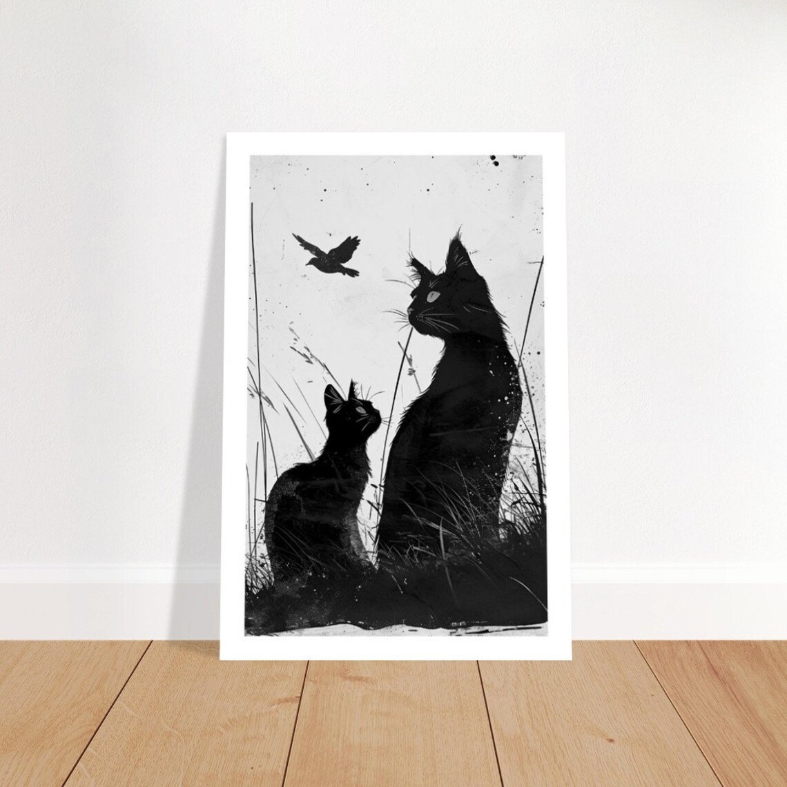Chat Noir 10 Black Cat Generations Silhouette Grass Bird Ink Art Poster - Image 2