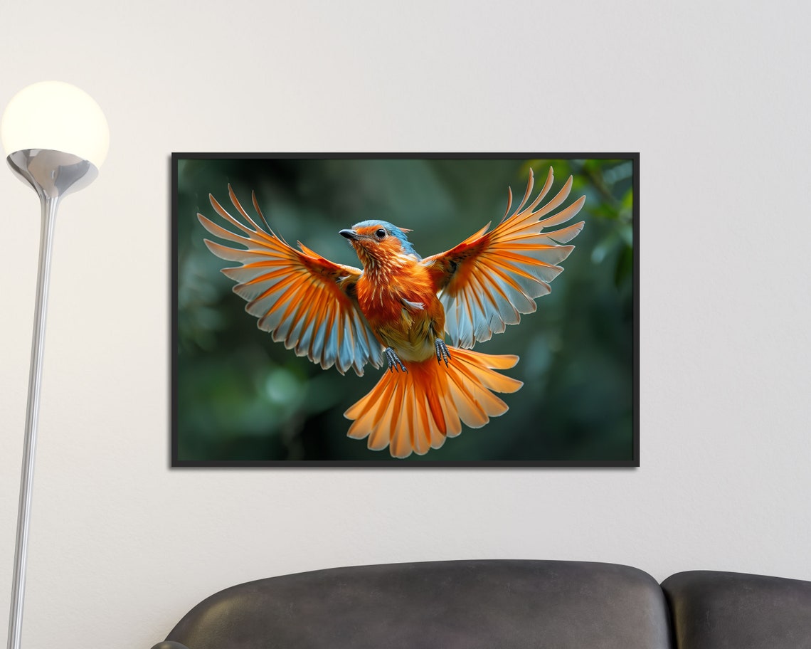 Paradise Flycatcher In Flight Orange Wings Exotic Bird Wall Art Print - Image 3
