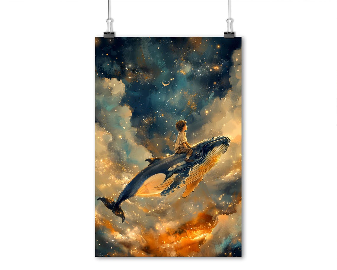 Child Riding Whale Through Starry Clouds Cosmic Nursery Wall Art Print - Image 5
