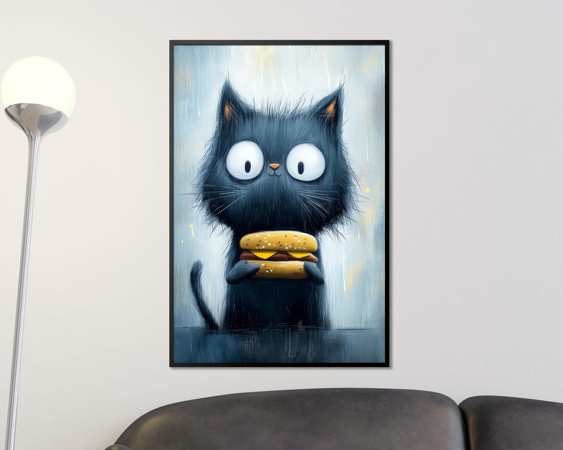 Black Cat Holding Cheeseburger Funny Whimsical Kitchen Art Poster - Image 2