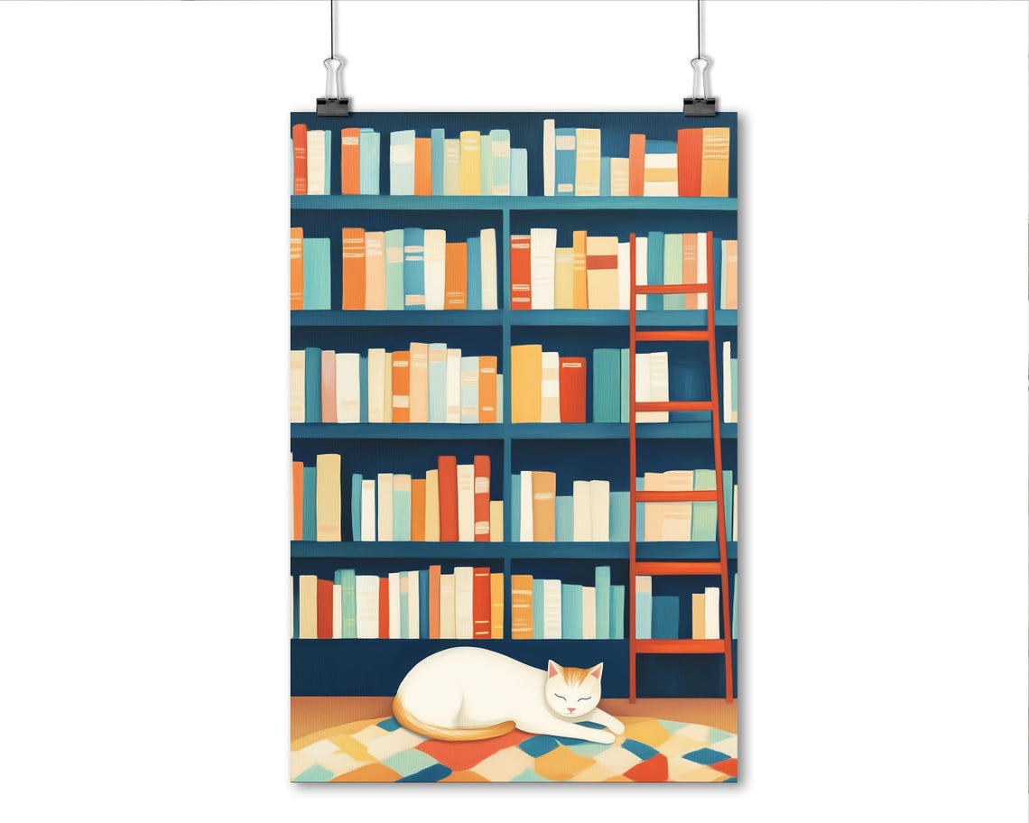 Sleeping Cat In Front Of Colorful Bookshelf Cozy Library Art Poster - Image 2