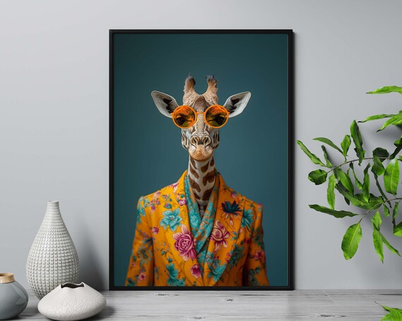 Cool Giraffe Wearing Sunglasses Floral Blazer Funny Portrait Wall Art