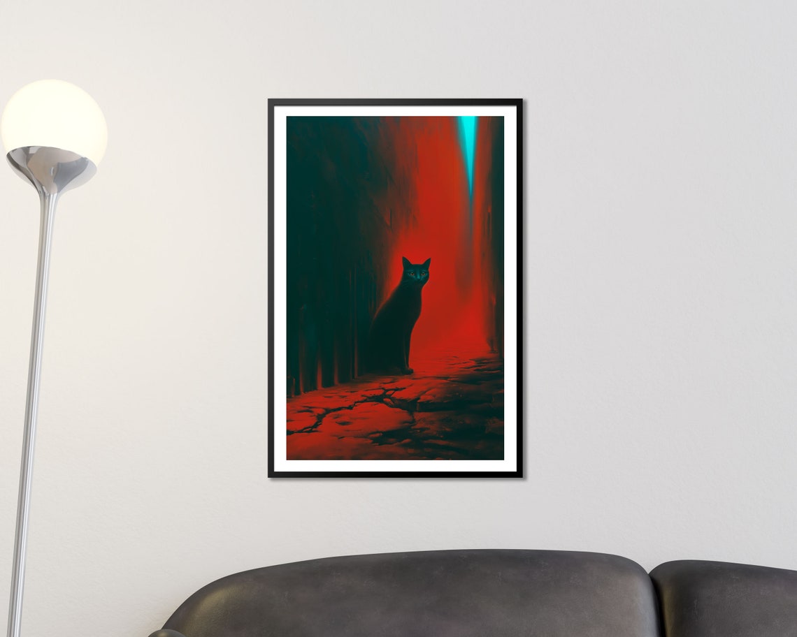 Black Cat In Red Lit Alley Surreal Mystery Cat Lover Art Poster - Image 2