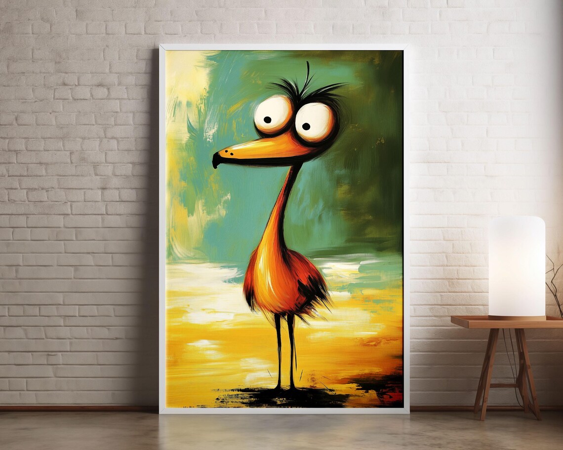 Quirky Funny Flamingo Bird Long Beak Whimsical Teal Painting Poster