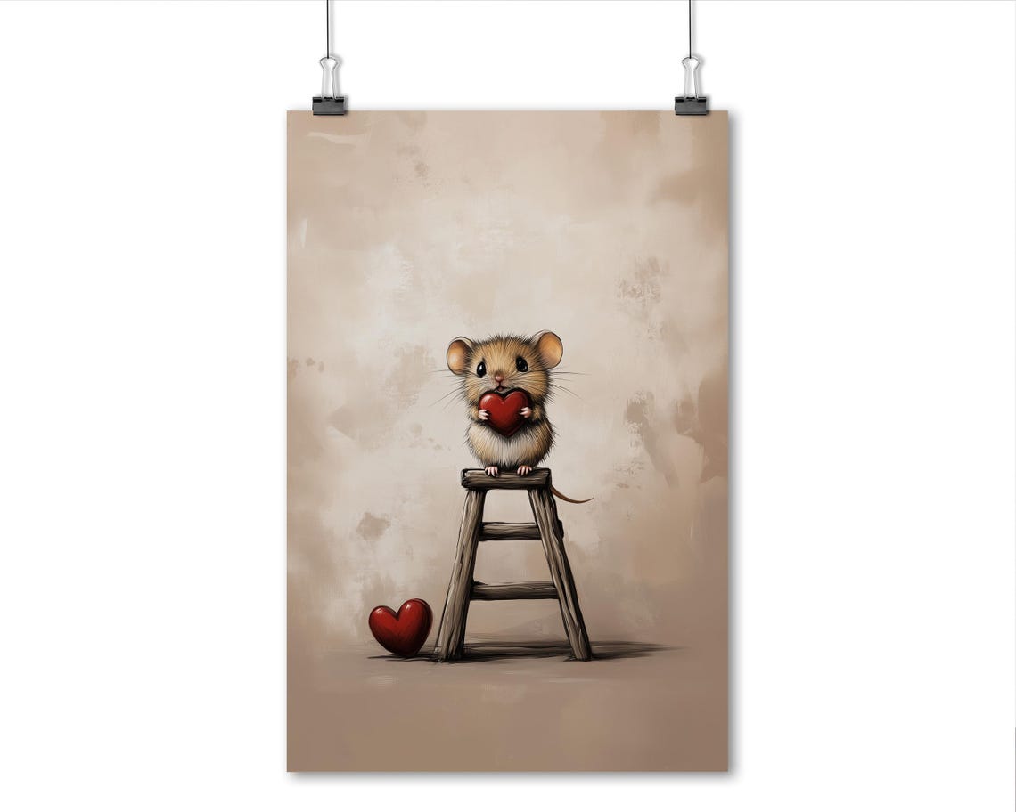 Sweet Tiny Mouse Holding Red Heart Stepladder Valentine Wall Art - Image 7