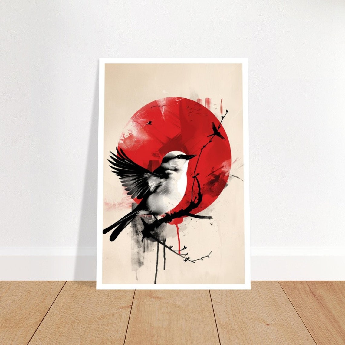 Swallow Red Sun Ink Wash Perched Branch Minimalist Japanese Art Poster - Image 4