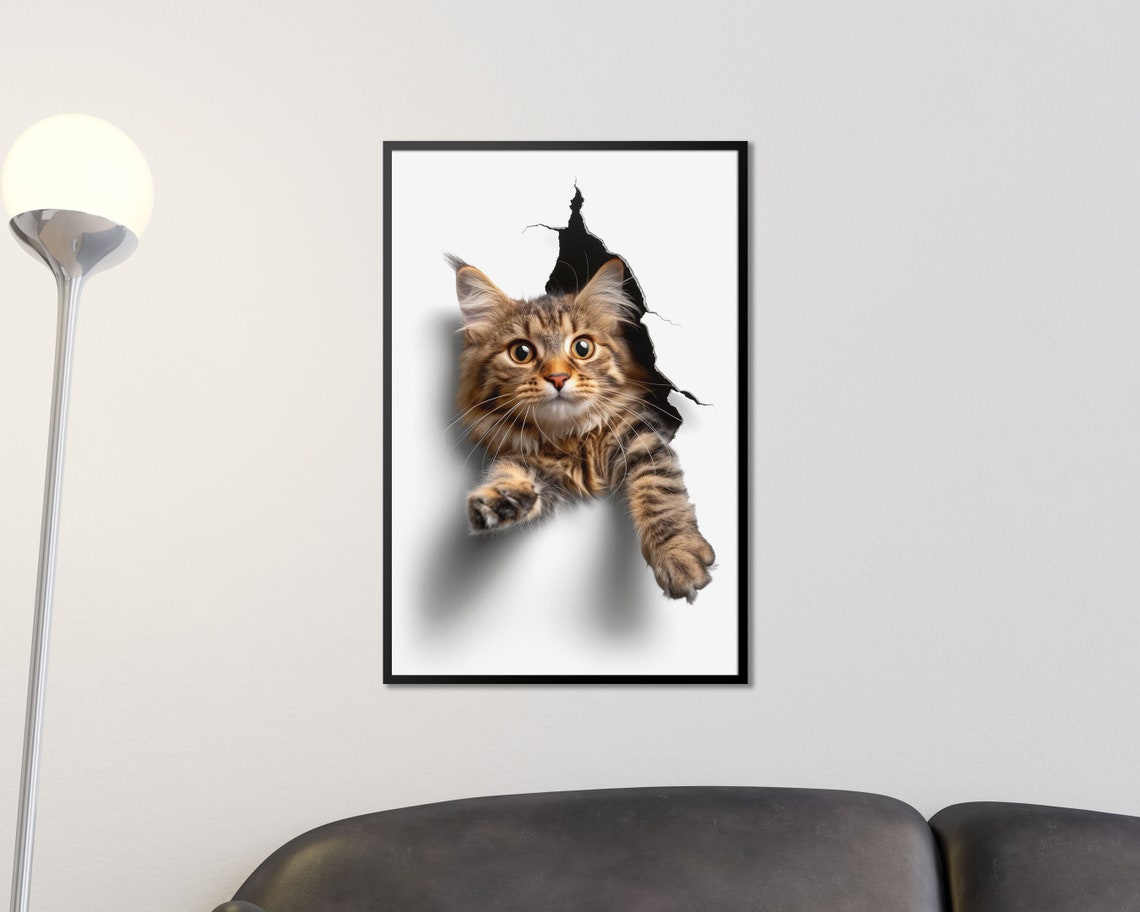 Tabby Cat Breaking Through Paper 3D Funny Wall Jump Optical Art Poster - Image 2