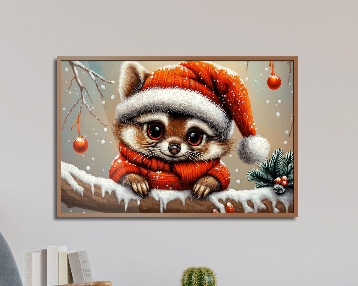 Cute Raccoon in Santa Hat Red Sweater Snowy Christmas Wall Art - Image 3