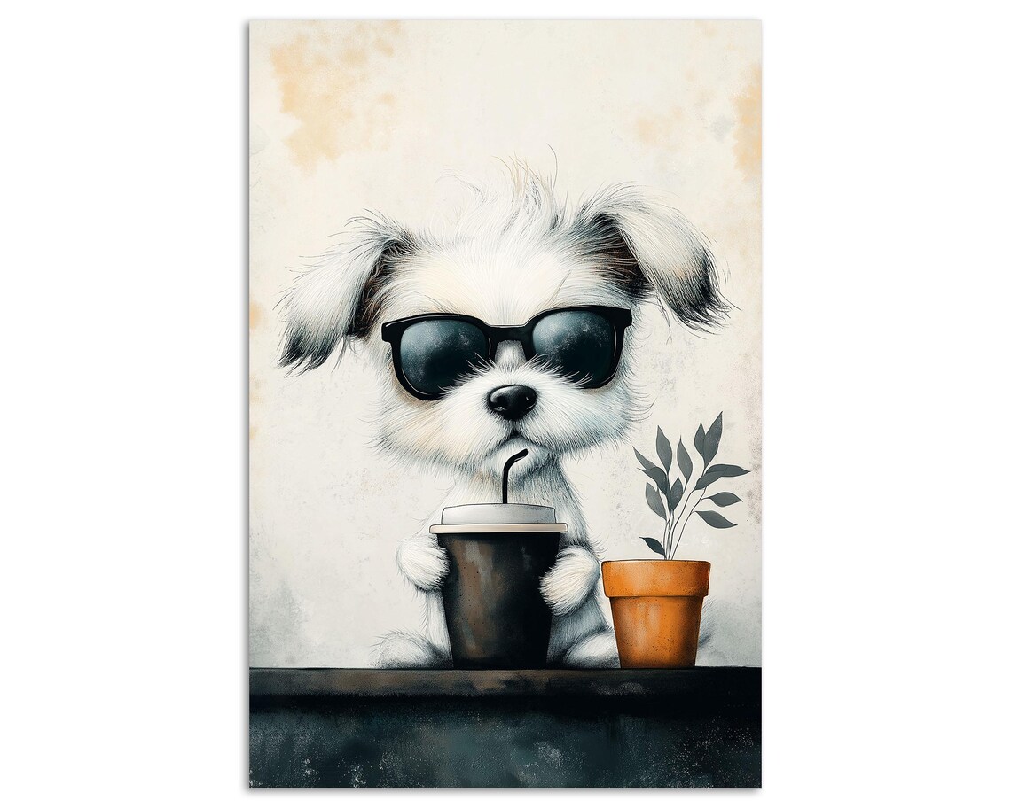 Cool Puppy With Sunglasses And Takeout Coffee Watercolor Dog Poster - Image 5