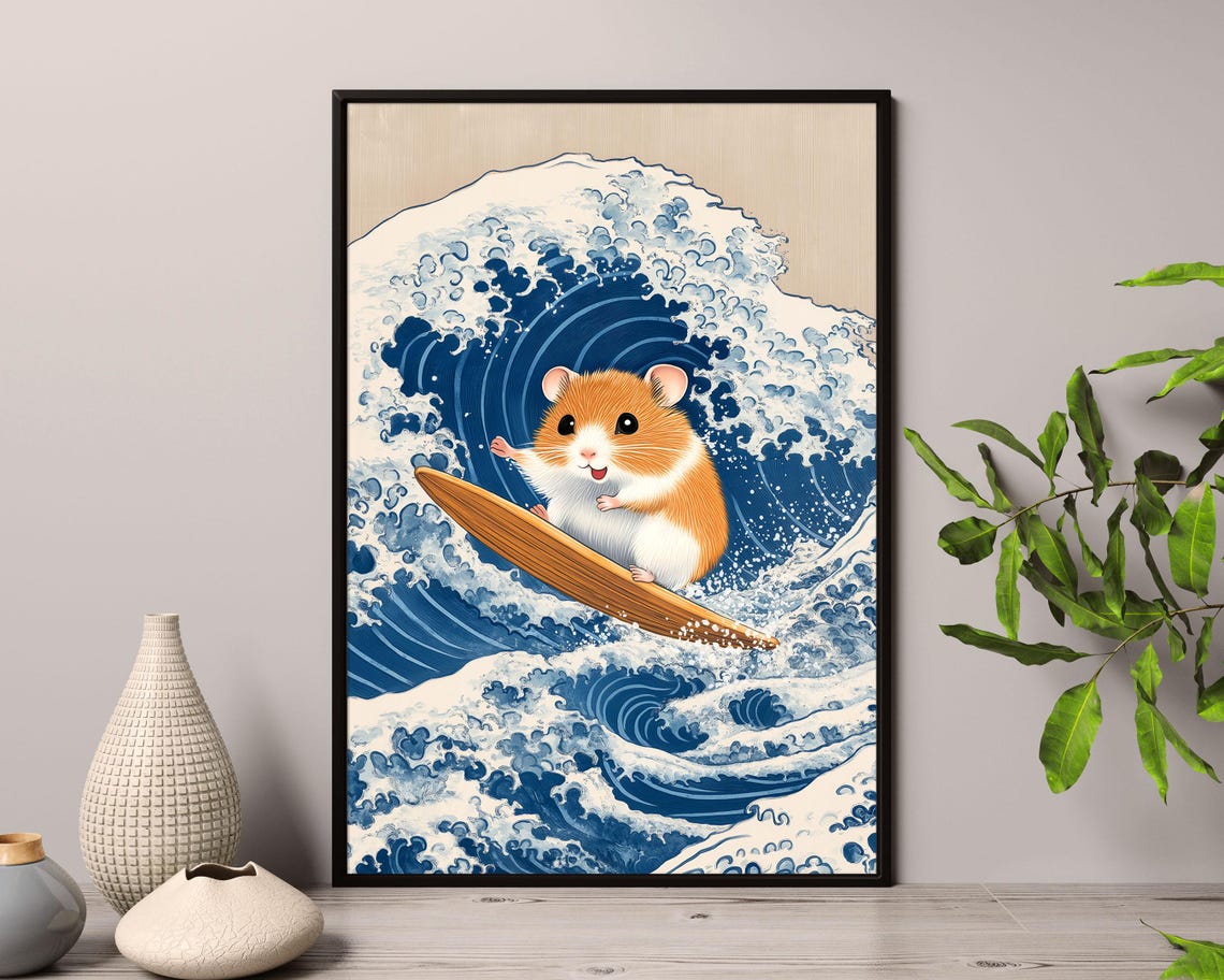 Surfing Hamster Riding Great Wave Japanese Wave Art Funny Poster - Image 4