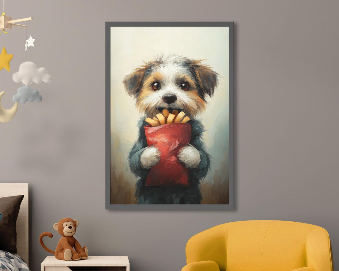 Fries Before Guys Adorable Dog With French Fries Art Print Funny Pet Wall Art Decor For Kitchen Living Room Gift For Dog Food Lovers