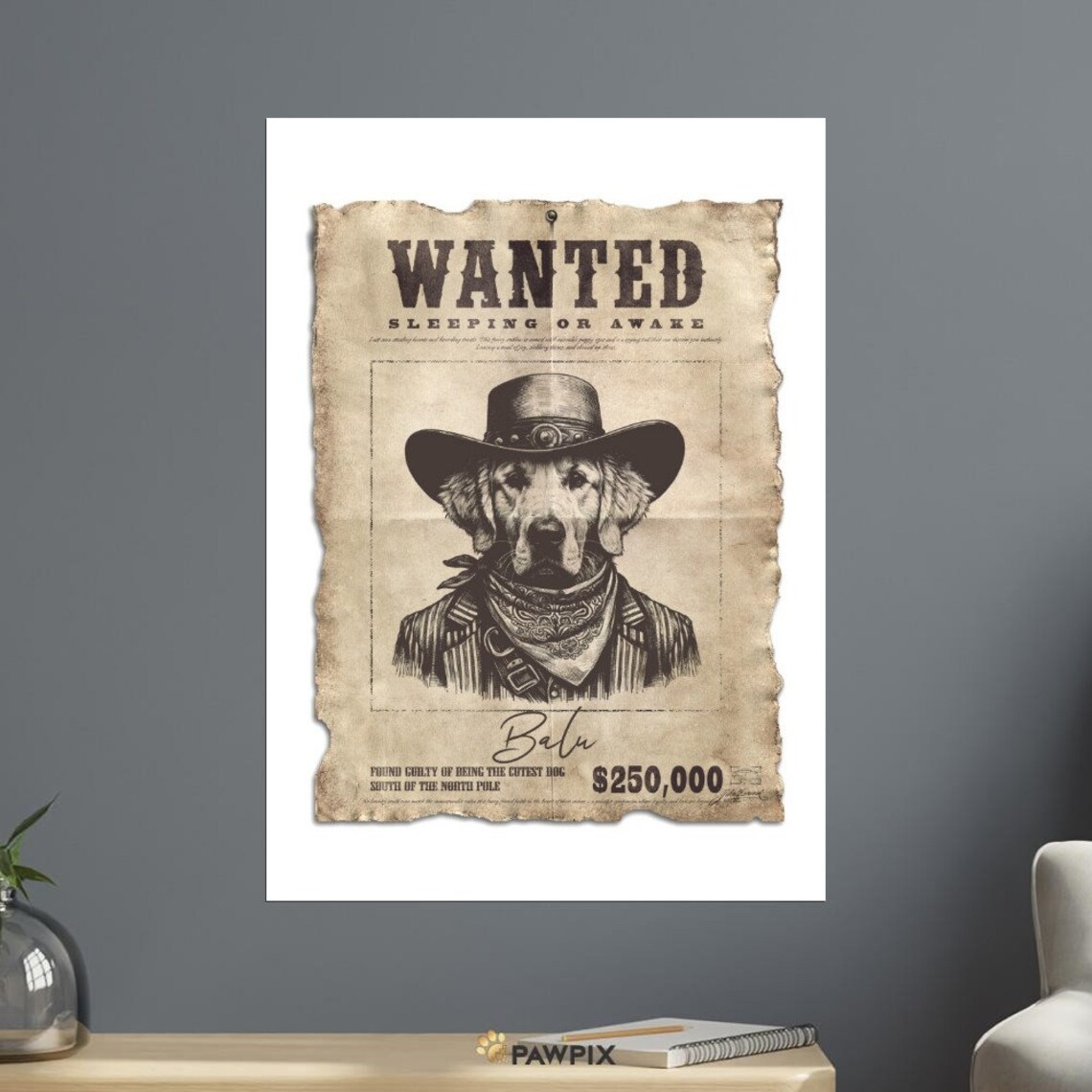Wanted Golden Retriever Cowboy Hat Vintage Western Funny Dog Poster - Image 2