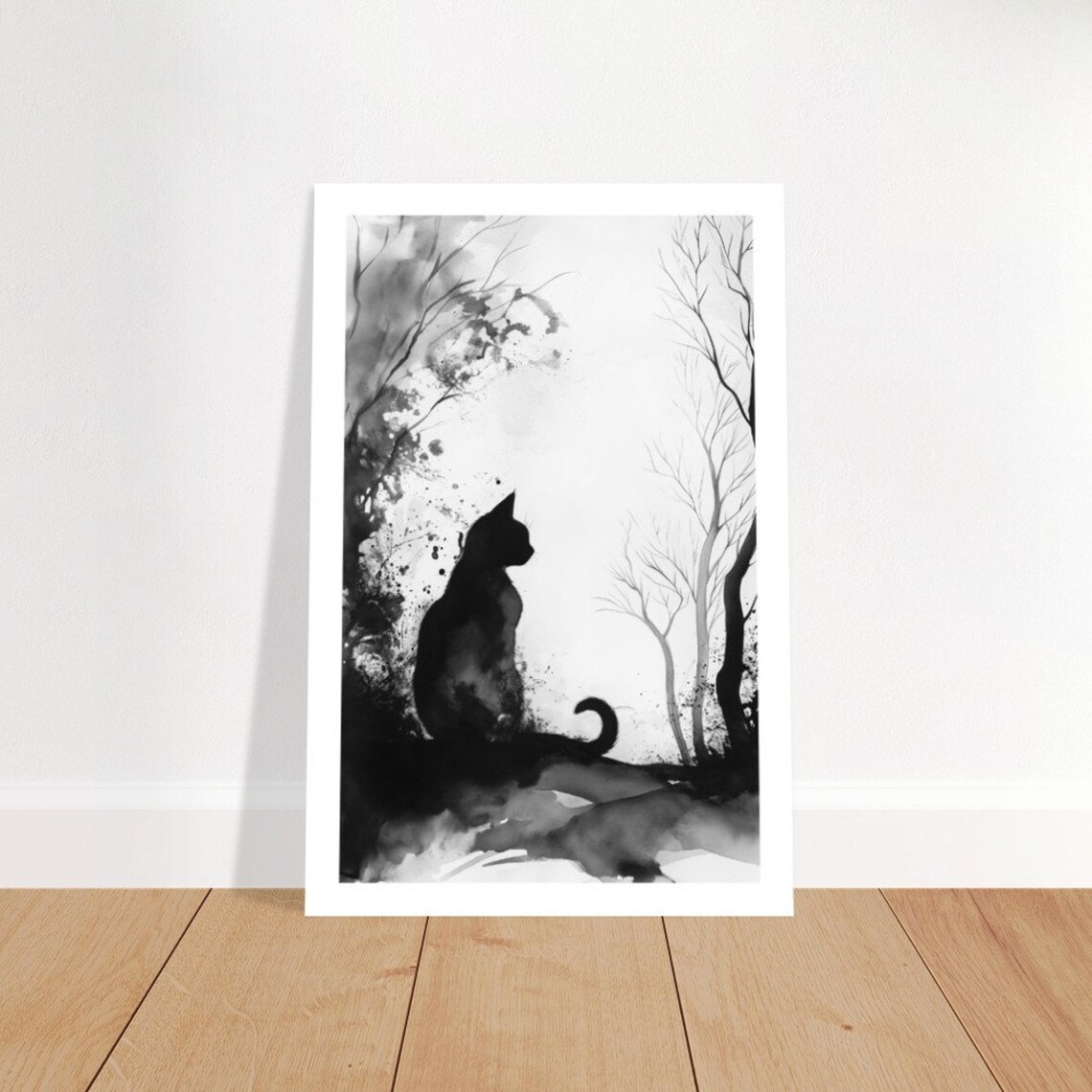 Chat Noir 6 Monochrome Black Cat Silhouette Forest Ink Wash Zen Poster - Image 3