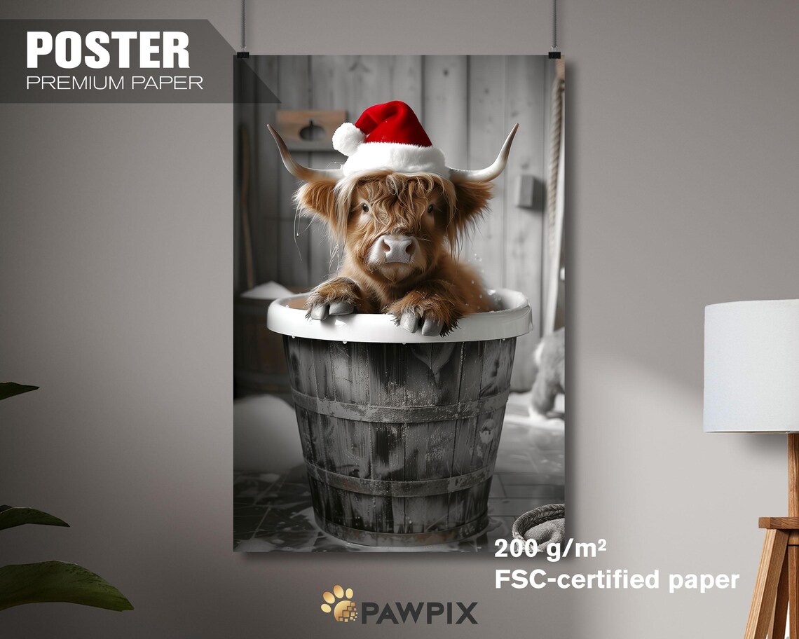 Highland Cow In Santa Hat Sitting In Wooden Barrel Christmas Poster - Image 4