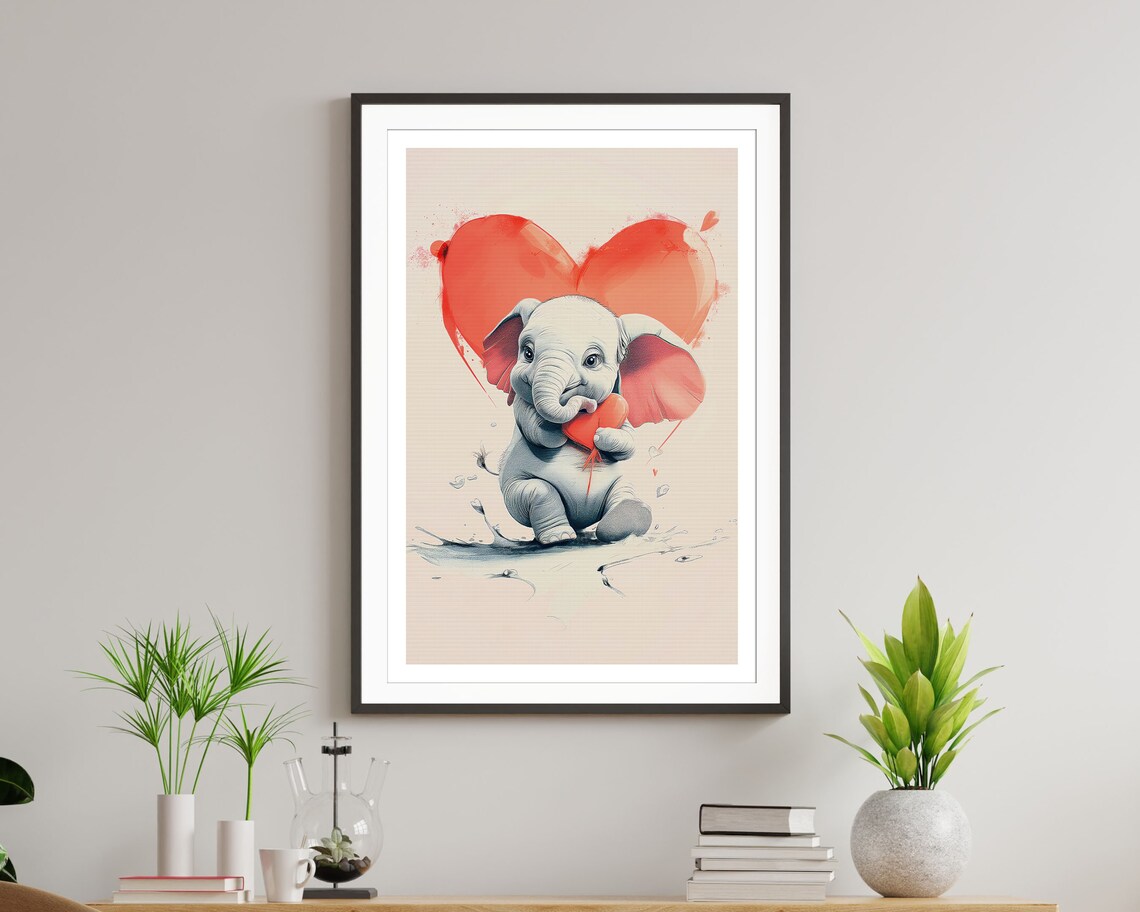 Baby Elephant With Red Heart Balloons Watercolor Love Art Poster - Image 3