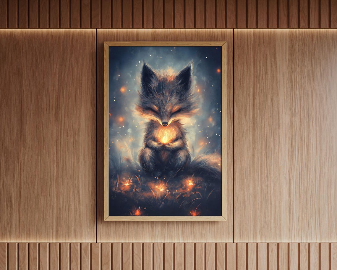 Mystical Fox Cub With Glowing Heart Light Magical Night Art Poster - Image 4