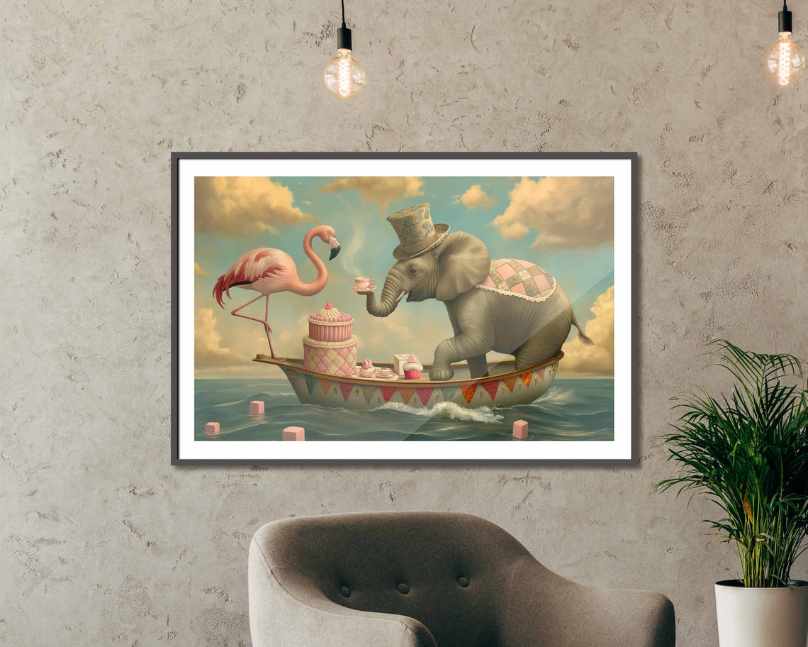 Elephant Flamingo Surreal Tea Party Boat Ocean Whimsy Art Poster - Image 5