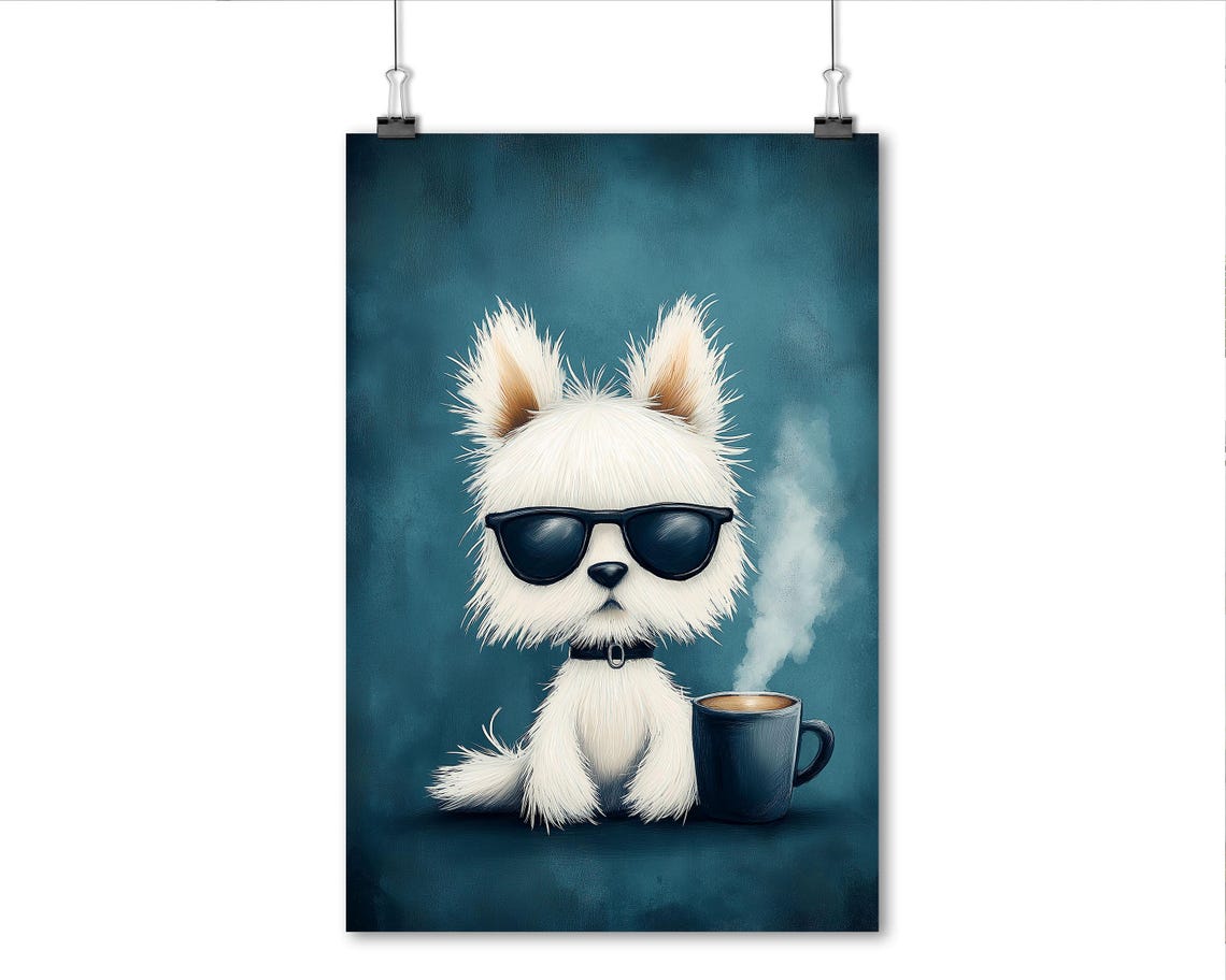 Cool White Puppy With Sunglasses Steaming Coffee Cup Art Poster - Image 8
