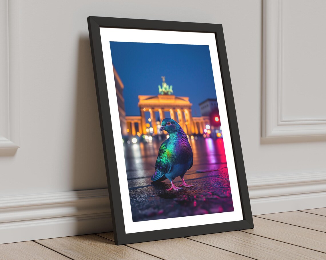 Neon Pigeon Berlin Night Brandenburg Gate City Street Wall Art - Image 8
