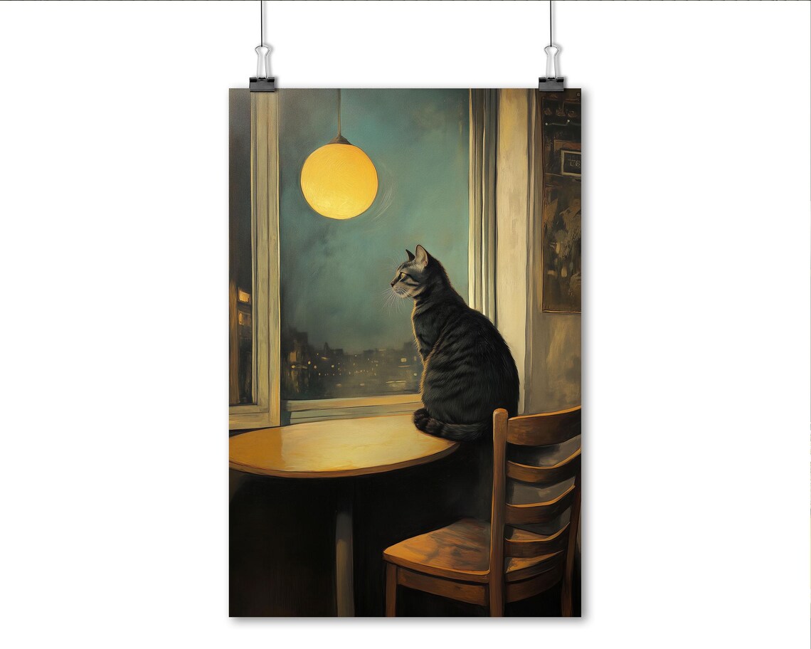 Black Cat Sitting At Window Table Night Lamp Warm Moody Art Poster - Image 4