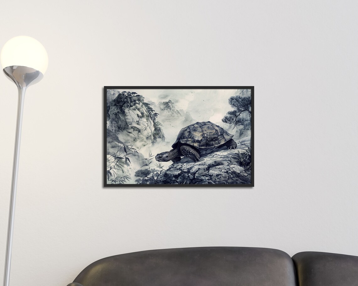 Mystical Tortoise Japanese Ink Wash Mountain Landscape Zen Art Poster - Image 2