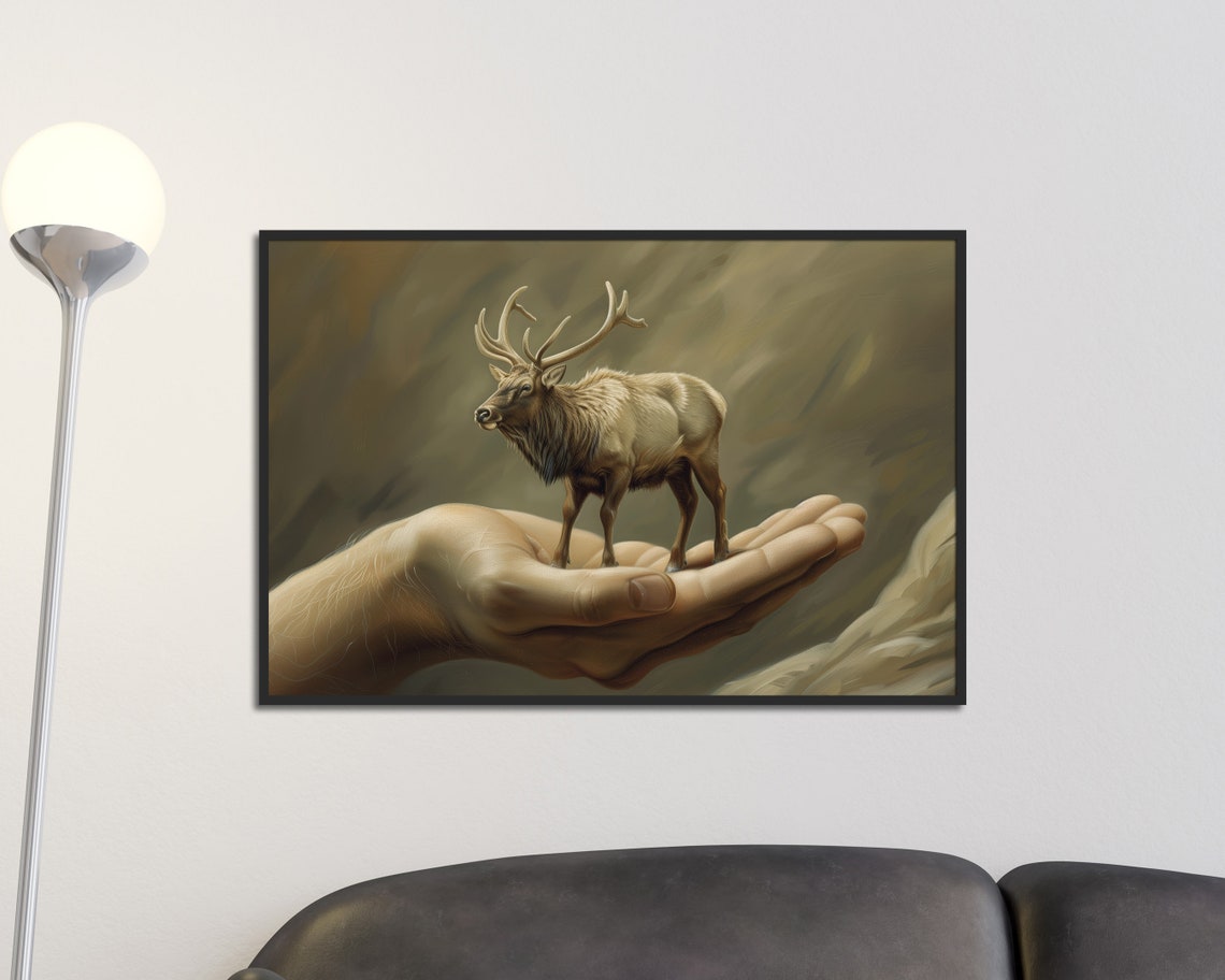 Tiny Elk Standing On Open Hand Surreal Wildlife Conservation Wall Art