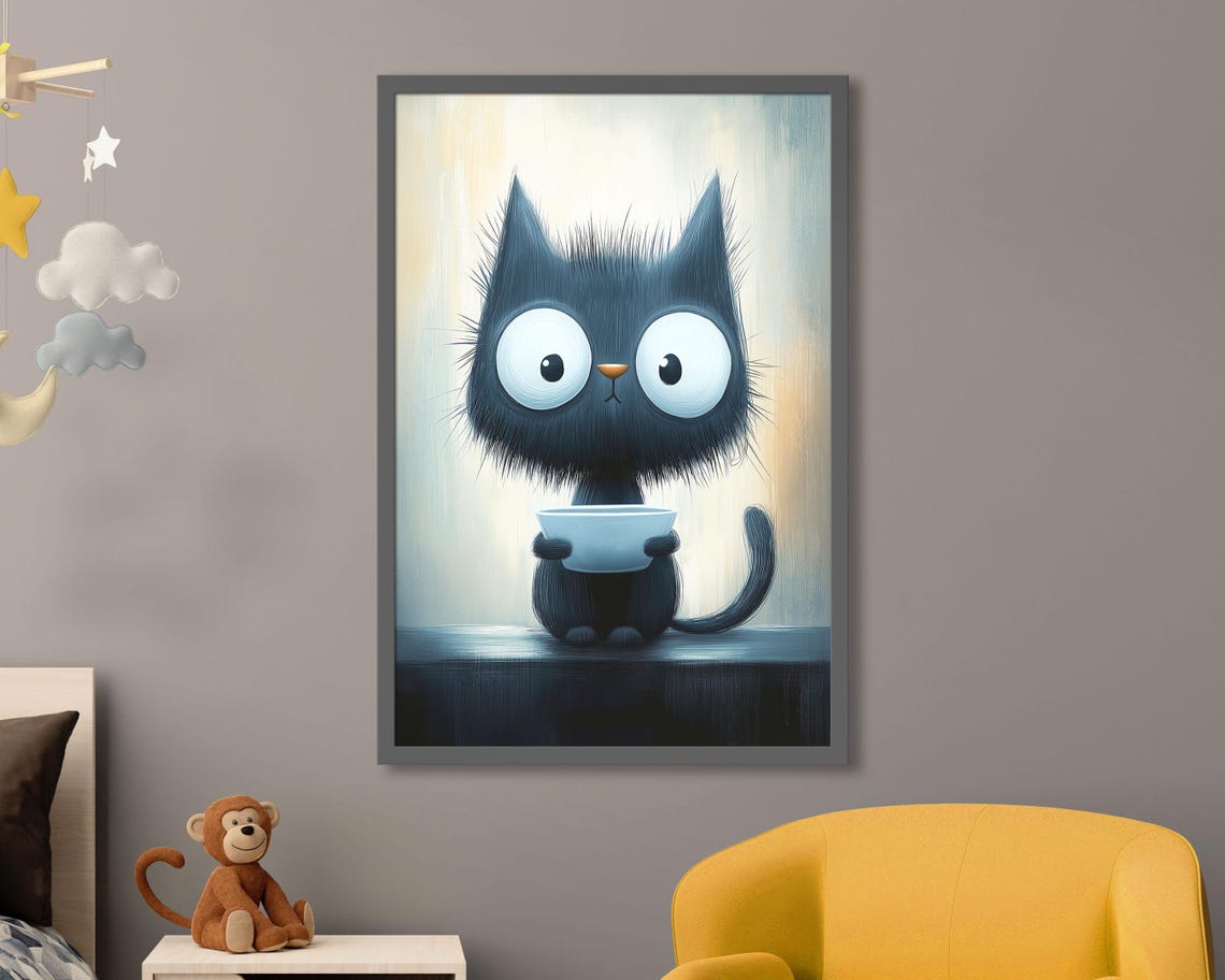 Funny Hungry Black Cat Holding Empty Bowl Begging Kitchen Wall Art