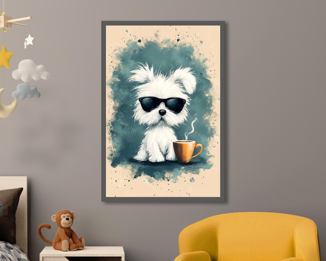 Cool White Dog With Sunglasses And Coffee Cup Funny Art Poster
