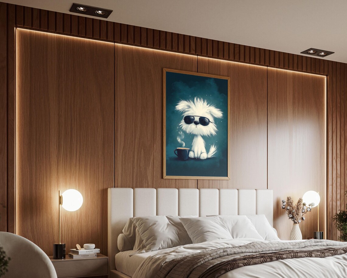 Cool White Puppy With Sunglasses And Coffee Mug Funny Dog Art Poster - Image 2