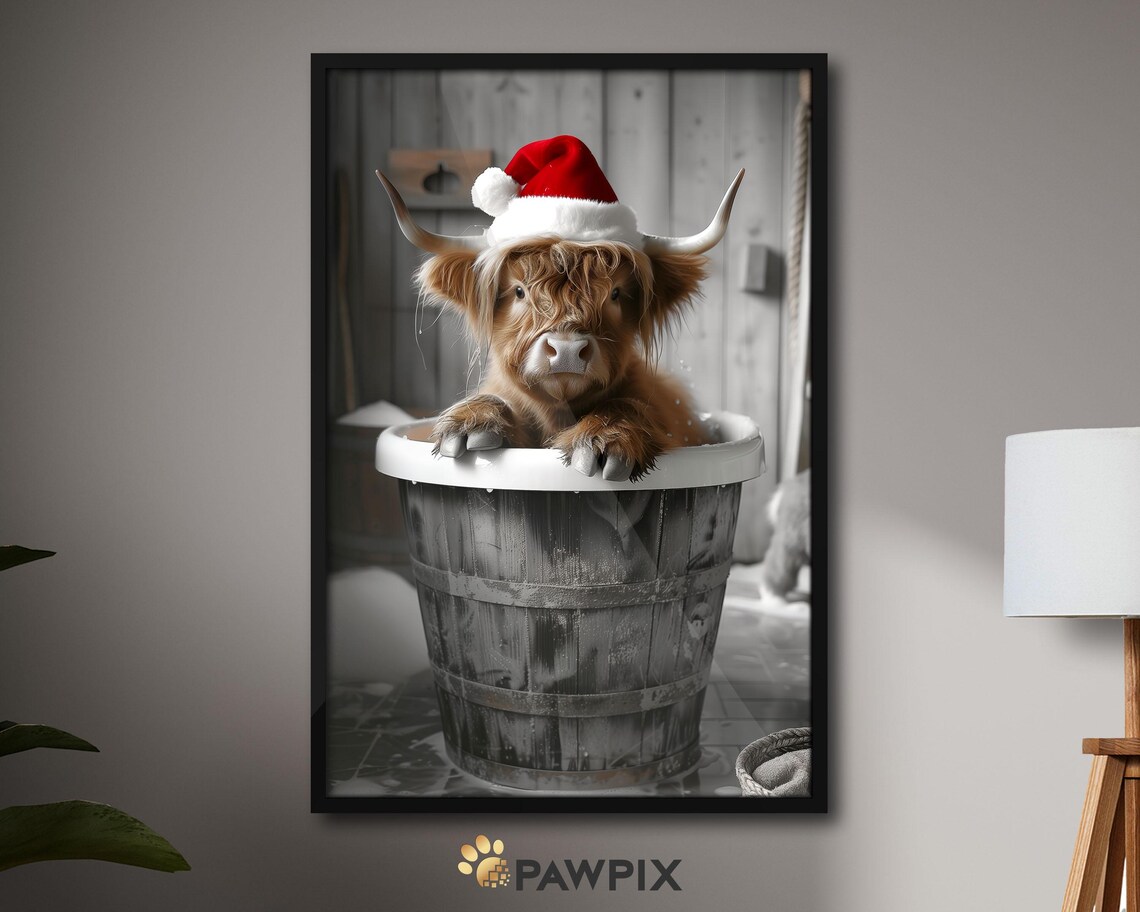 Highland Cow In Santa Hat Sitting In Wooden Barrel Christmas Poster