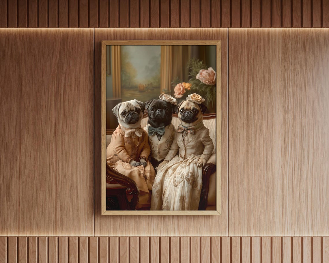 Victorian Pug Family Portrait Three Pugs In Vintage Attire Poster - Image 2