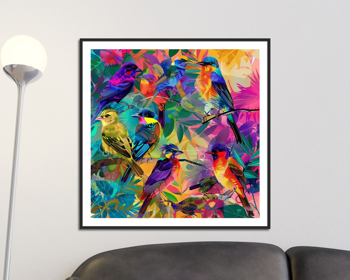 Colorful Tropical Birds In Jungle Foliage Abstract Wall Art Poster - Image 5