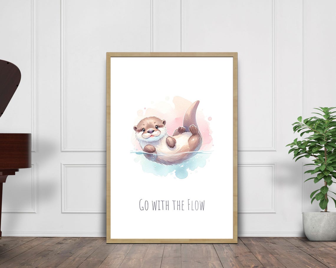 Go With The Flow Baby Otter Floating Pastel Watercolor Nursery Poster - Image 3