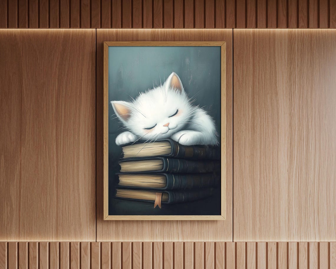 Sleeping White Kitten on Stack of Books Cozy Reading Wall Art - Image 6